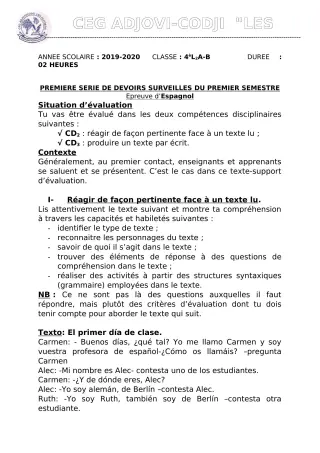 Première page de Espagnol 4e ML — 1er devoir surveillé, 1er semestre (2019-2020) · CEG ADJOVICODJI 'LES OLIVIERS'