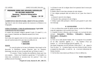 Première page de Histoire-Géographie 6e — 1er devoir surveillé, 2e semestre (2018-2019) · CEG Kpébié