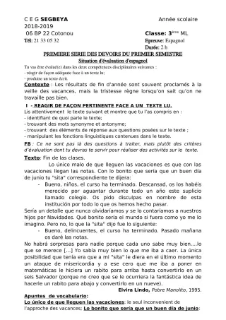 Première page de Espagnol 3e ML — 1er devoir surveillé, 1er semestre (2018-2019) · CEG SEGBEYA
