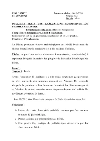 Première page de Histoire-Géographie 5e — 2e évaluation sommative, 1er semestre (2020-2021) · CEG Ganvié