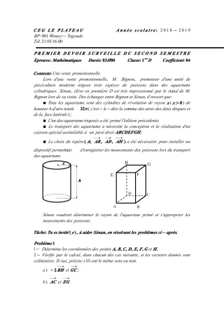 Première page de Mathématiques 1ère D — 1er devoir surveillé, 2e semestre (2018-2019) · CEG Le Plateau