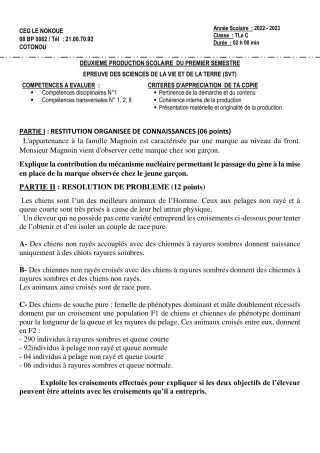 Première page de SVT Tle C — 2e production scolaire, 1er semestre (2022-2023) · CEG LE NOKOUE