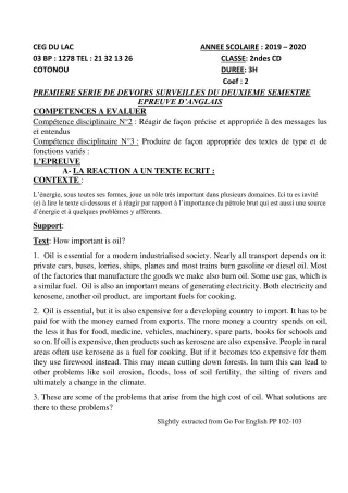 Première page de Anglais 2nde D, 1ère A2 — 1er devoir surveillé, 2e semestre (2019-2020) · CEG du Lac