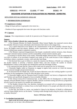 Première page de Anglais Tle A1, Tle A2, Tle B — 1er semestre (2018-2019) · CEG Banikanni