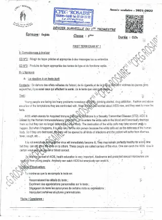 Première page de Anglais 3e, 3e ML — Devoir surveillé (2021-2022) · CPEG ROSAIRE