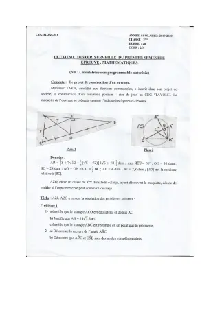Première page de Mathématiques 3e, 3e ML — 2e devoir surveillé, 1er semestre (2019-2020) · CEG ADJAGBO