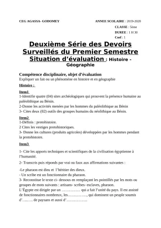 Première page de Histoire-Géographie 5e — 2e devoir surveillé, 1er semestre (2019-2020) · CEG Agassa Godomey