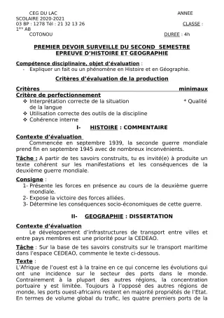 Première page de Histoire-Géographie 1ère A2, 1ère B — 1er devoir surveillé, 2e semestre (2020-2021) · CEG du Lac