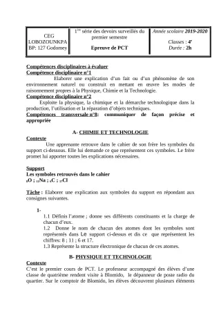 Première page de PCT 4e — 1er devoir surveillé, 1er semestre (2019-2020) · CEG Lobozounkpa