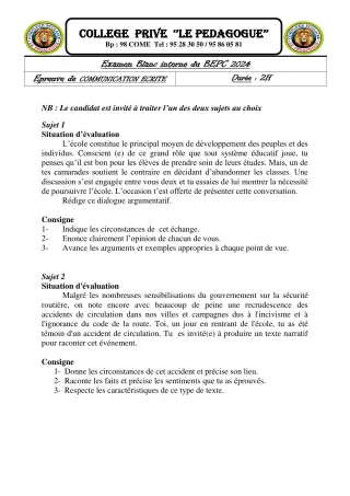 Première page de Examen Blanc de FRANCAIS LECTURE — 3e — CPEG le PEDAGOGUE (2023)