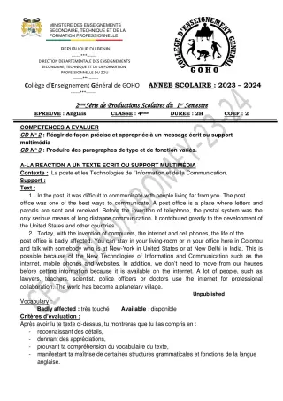 Première page de Anglais 4e — Production scolaire, 1er semestre (2023-2024) · CEG GOHO