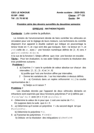Première page de Mathématiques 2nde C, 2nde D — 1er devoir surveillé, 2e semestre (2020-2021) · CEG LE NOKOUE