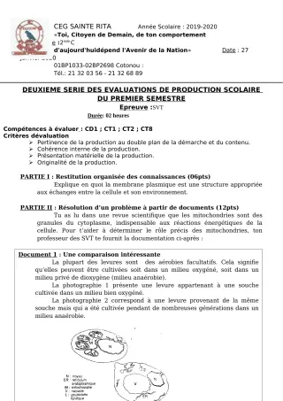 Première page de SVT 2nde C — Production scolaire, 1er semestre (2019-2020) · CEG Sainte Rita