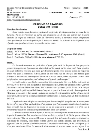 Première page de Français 1ère A2, 1ère B, 1ère C, 1ère D — Composition, 1er trimestre (2019-2020) · CPEG LICA
