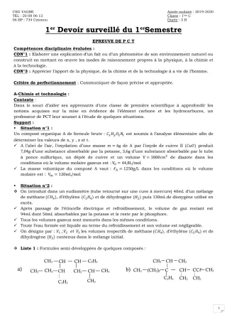 Première page de PCT 1ère C — 1er devoir surveillé (2019-2020) · CEG Yagbe