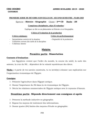 Première page de Histoire-Géographie 2nde C, 2nde D — 1er devoir surveillé, 2e semestre (2019-2020) · CEG ZOGBO