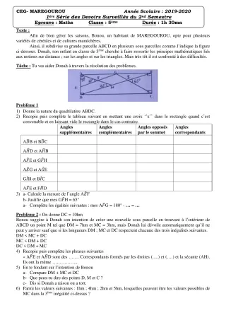 Première page de Mathématiques 4e — 1er devoir surveillé, 2e semestre (2019-2020) · CEG MAREGOUROU