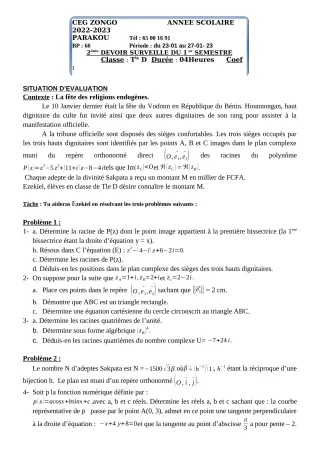 Première page de Mathématiques Tle D — 2e devoir surveillé, 1er semestre (2022-2023) · CEG ZONGO