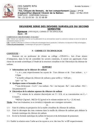 Première page de PCT 2nde C, 2nde D — 2e devoir surveillé, 2e semestre (2018-2019) · CEG Sainte Rita