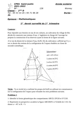 Première page de Mathématiques 2nde C, 2nde D, 1ère C, 1ère D — 1er devoir surveillé, 1er trimestre (2021-2022) · CPEG SAINT Justin