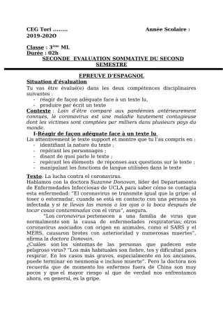 Première page de Espagnol 3e ML — 2e évaluation sommative, 2e semestre (2019-2020) · CEG AZOHOUE-ALIHO
