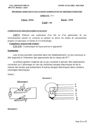 Première page de PCT 6e — 1re évaluation sommative, 1er semestre (2019-2020) · CEG Ahossougbéta