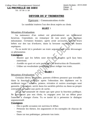 Première page de Français 3e, 3e ML — Devoir surveillé, 2e trimestre (2019-2020) · CEPG La Prunelle de Dieu