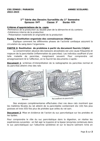 Première page de SVT 3e — 1er devoir surveillé, 1er semestre (2022-2023) · CEG ZONGO