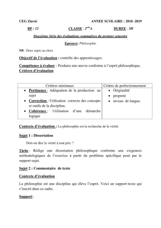 Première page de Philosophie 2nde A — 2e évaluation sommative, 1er semestre (2018-2019) · CEG Zinvié
