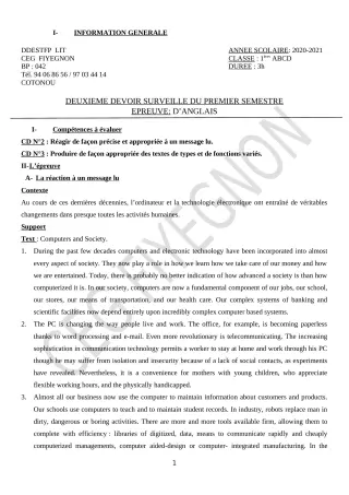 Première page de Anglais 1ère A2, 1ère B, 1ère C, 1ère D — 2e devoir surveillé, 1er semestre (2020-2021) · CEG FIYEGNON