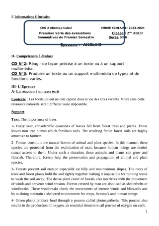 Première page de Anglais 2nde A & B — 1re évaluation sommative, 1er semestre (2023-2024) · CEG2 ABOMEY - CALAVI (CEG ZOCA)