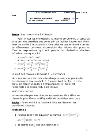 Première page de Mathématiques 1ère D — 2e devoir surveillé, 2e semestre (2018-2019) · CEG2 ABOMEY - CALAVI (CEG ZOCA)