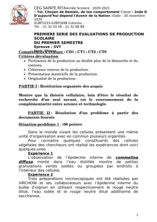 Première page de SVT 2nde D — Production scolaire, 1er semestre (2020-2021) · CEG Sainte Rita