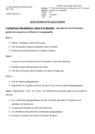 Première page de Histoire-Géographie 6e — 1re évaluation sommative, 2e semestre (2018-2019) · Lycée Houegbadja d'Abomey (Ex Mafory Bangoura)