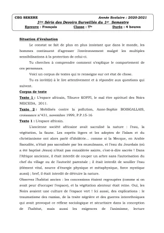 Première page de Français Tle A2 — 1er devoir surveillé, 1er semestre (2020-2021) · CEG SEKERE