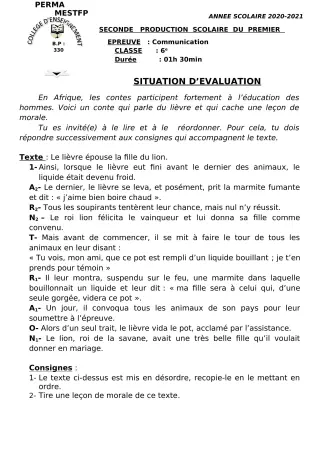 Première page de Français 6e, 5e, 4e, 3e, 3e ML, 2nde A, 2nde D, 1ère A, 1ère D, Tle A, Tle D — 2e production scolaire, 1er semestre (2020-2021) · CEG Perma