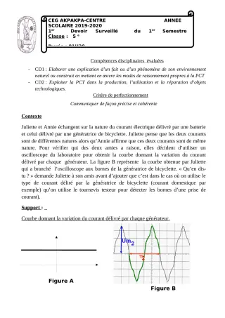 Première page de PCT 5e — 1er devoir surveillé, 1er semestre (2019-2020) · CEG 1 Akpakpa-Centre