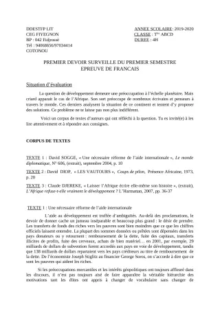 Première page de Français 6e, 3e, 3e ML, 2nde A2, 2nde B, 2nde C, 2nde D, 1ère A2, 1ère B, 1ère C, 1ère D, Tle A1, Tle A2, Tle B, Tle C, Tle D — 1er devoir surveillé, 1er semestre (2019-2020) · CEG FIYEGNON