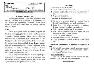 Première page de Français 6e, 5e, 4e, 4e ML, 3e, 3e ML — 1er devoir surveillé, 1er semestre (2018-2019) · CEG 2 N'DALI