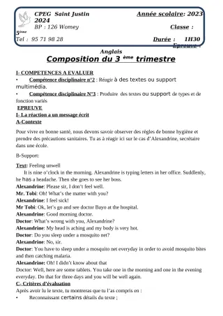 Première page de Anglais 5e, 1ère A2, 1ère B, 1ère C, 1ère D — Composition, 3e trimestre (2023-2024) · CPEG SAINT Justin