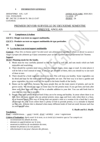 Première page de Anglais 3e, 3e ML — 1er devoir surveillé, 2e semestre (2020-2021) · CEG FIYEGNON