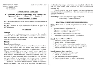 Première page de Anglais 6e, 5e, 4e, 4e ML, 3e, 3e ML — 1er devoir surveillé, 1er semestre (2018-2019) · CEG Donwari