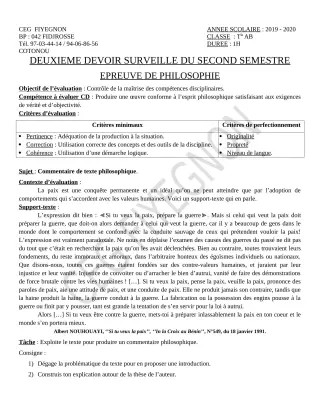 Première page de Philosophie Tle A2, Tle B — 2e devoir surveillé, 2e semestre (2019-2020) · CEG FIYEGNON