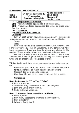 Première page de Anglais 6e — 1er devoir surveillé, 1er semestre (2018-2019) · CEG5 DOGBO