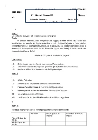 Première page de Histoire-Géographie 5e — Devoir surveillé, 1er semestre (2018-2019) · CEG2 ABOMEY - CALAVI (CEG ZOCA)
