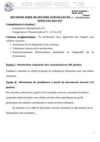 Première page de SVT 2nde B — Devoir surveillé, 2e semestre (2019-2020) · CEG ADJOVICODJI 'LES OLIVIERS'