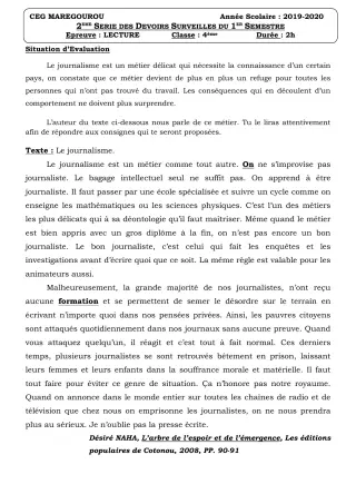 Première page de Français 4e ML&MC — Devoir surveillé, 1er semestre (2019-2020) · CEG MAREGOUROU
