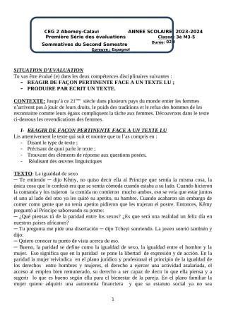 Première page de Espagnol 3e — 1re évaluation sommative, 2e semestre (2023-2024) · CEG2 ABOMEY - CALAVI (CEG ZOCA)