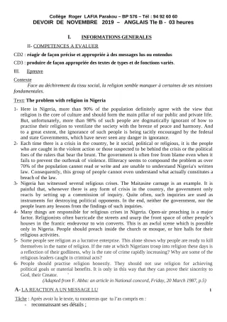 Première page de Anglais Tle B — Devoir surveillé (2019-2020) · CPEG Roger LAFIA