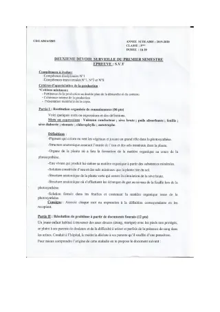 Première page de SVT 5e — 2e devoir surveillé, 1er semestre (2019-2020) · CEG ADJAGBO